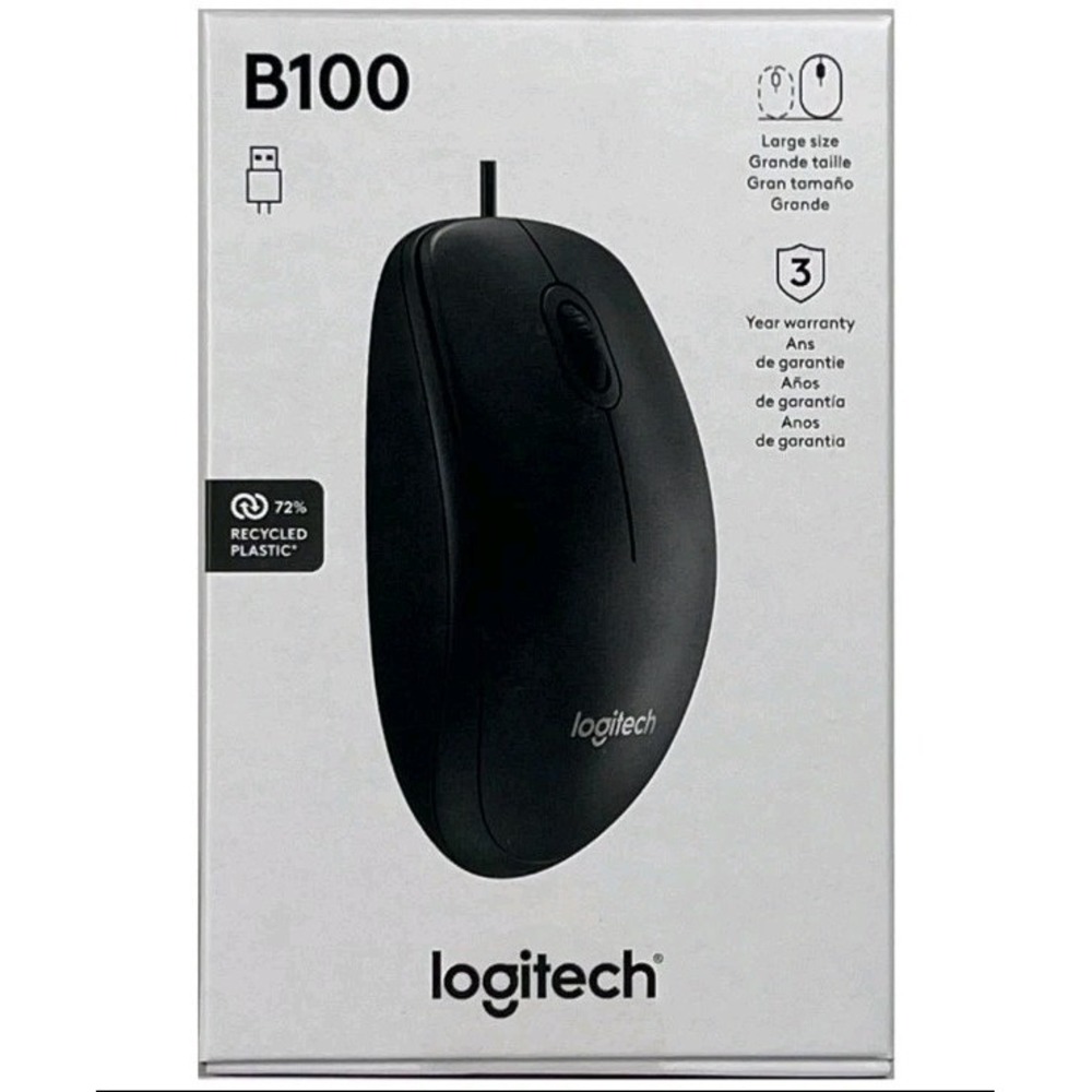 LOT of 10-2025 NEW Logitech B100 Ambidextrous 1000 DPI USB Wired 4-Way Mouse